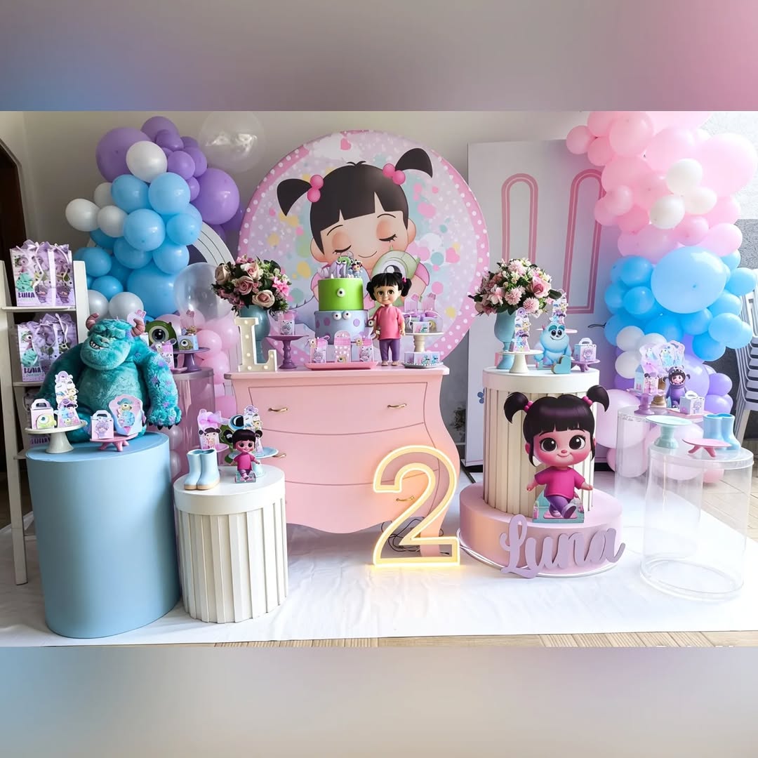 Decoração infantil em azul e rosa feita pela Portela Decorações